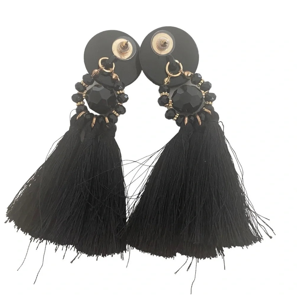 Black statement earrings fringe tassel oversized